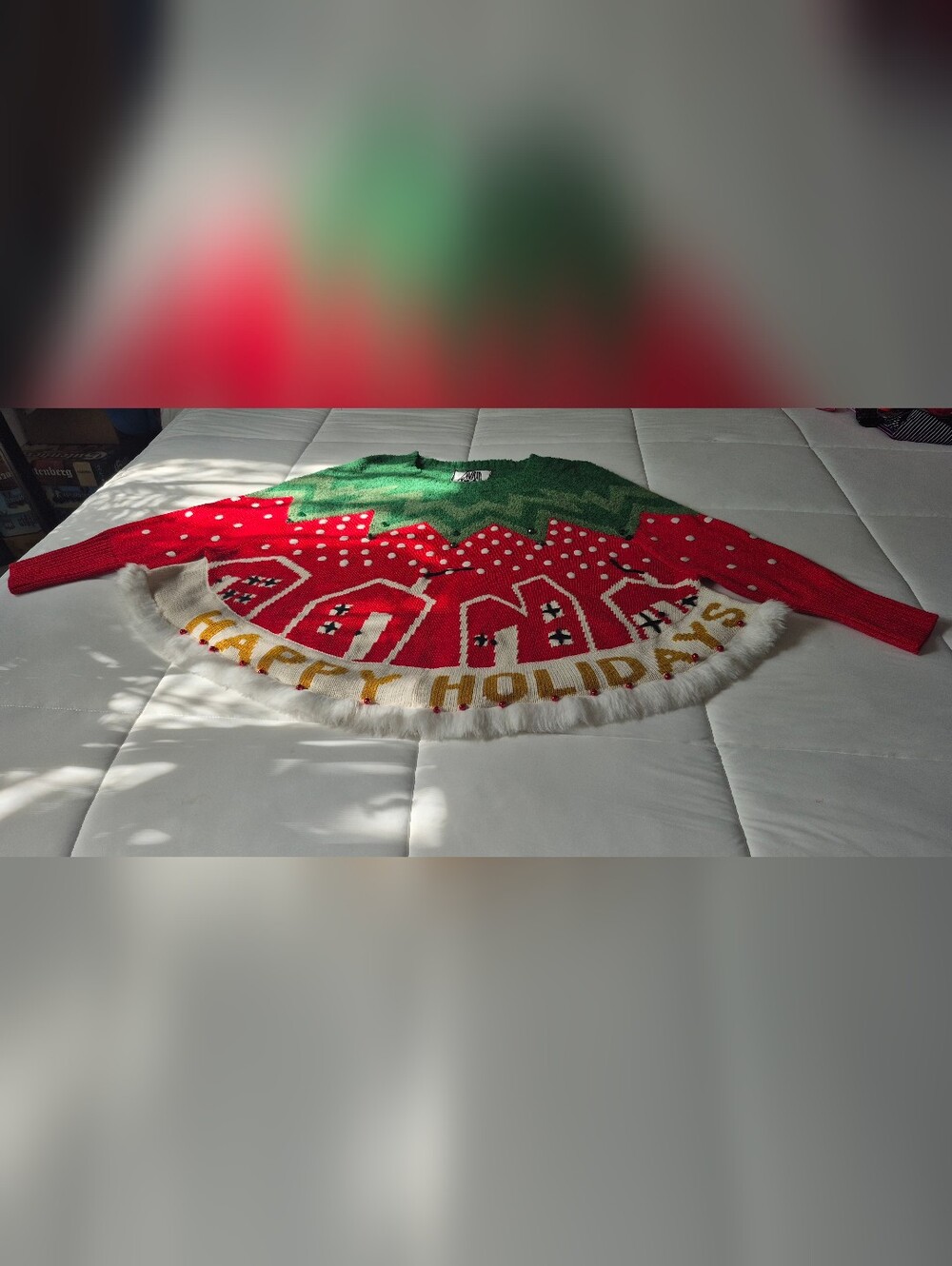 Holiday Village Sweater - Red, Green & White - Happy Holidays